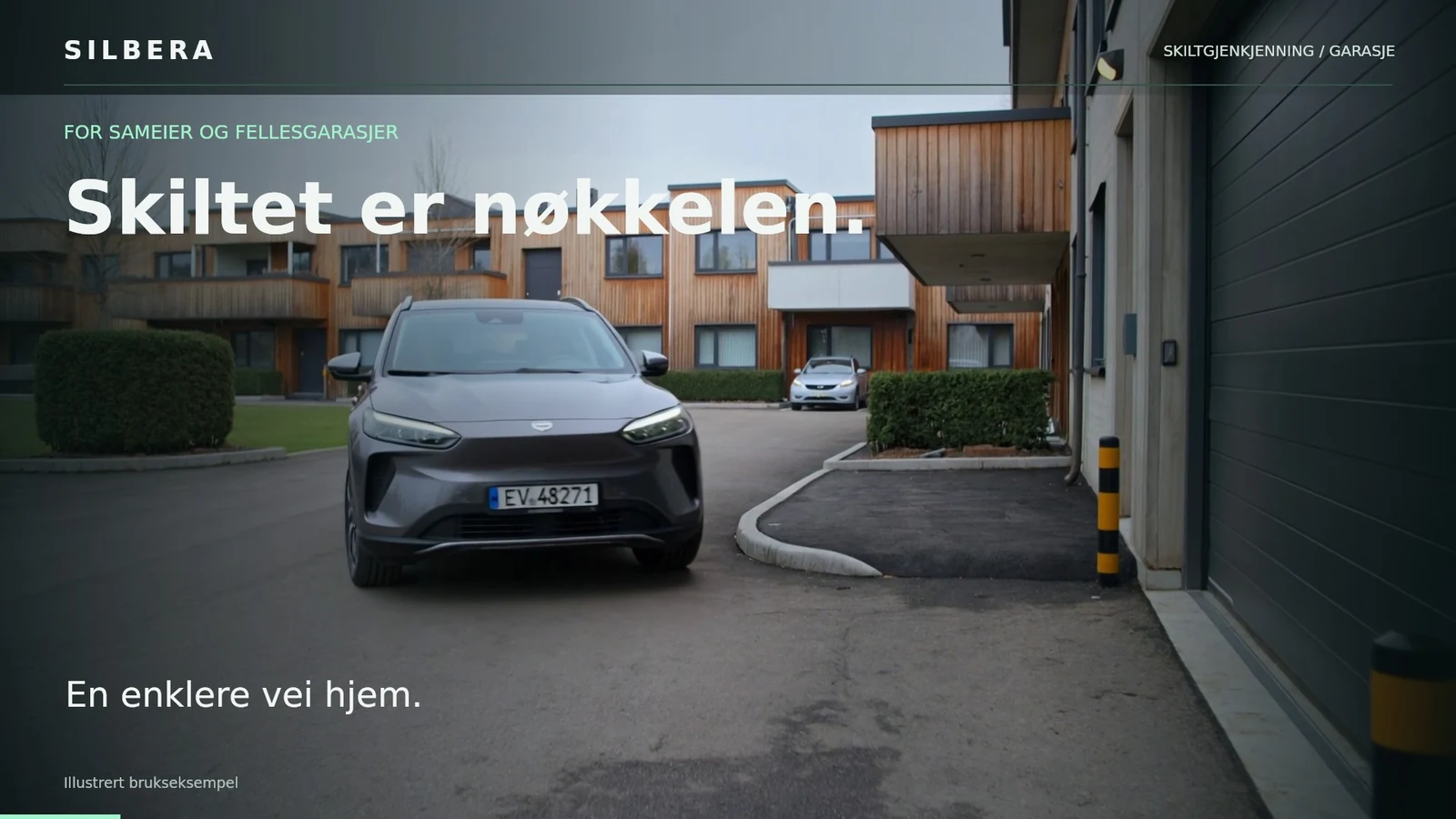 Illustrert innkjøring til en fellesgarasje med skiltgjenkjenning fra UniFi